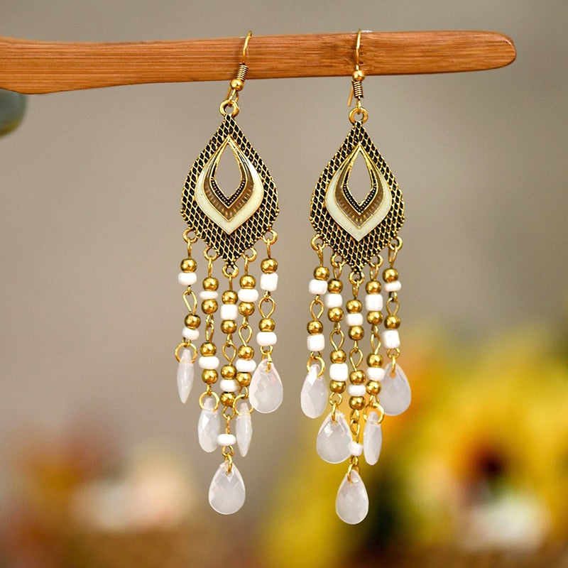 Bohemian Antique Gold Color Long Water Drop Tassel Earrings