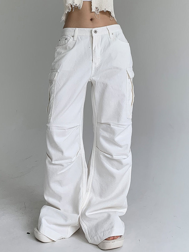 Loose Denim Cargo Pants Low Rise Big Pockets Streetwear