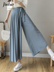 Style Women Pleated Chiffon Trousers High Waist Pants Wide Leg