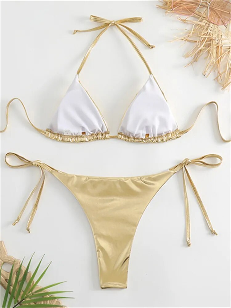 Brozing Gold Bikini Set Women Solid Push Up Swimsuit