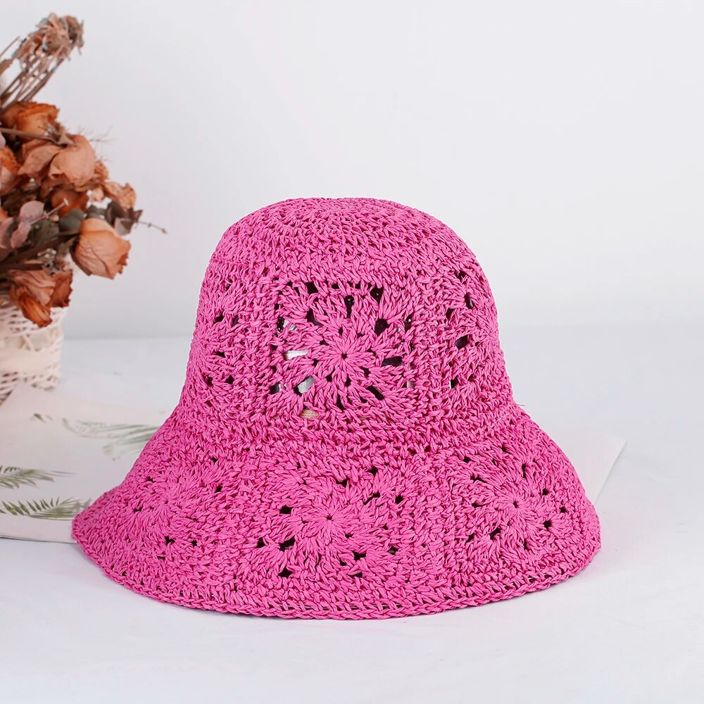 Women Straw crochet bucket Foldable hat