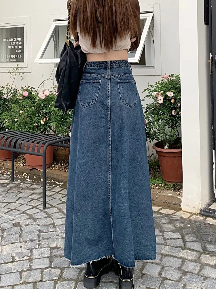 Vintage Blue A-line Split Hem Denim Long Loose High Waist