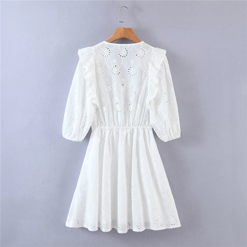 Women White Lace Embroidery Hollow Out Beach Bohemian Mini Dress