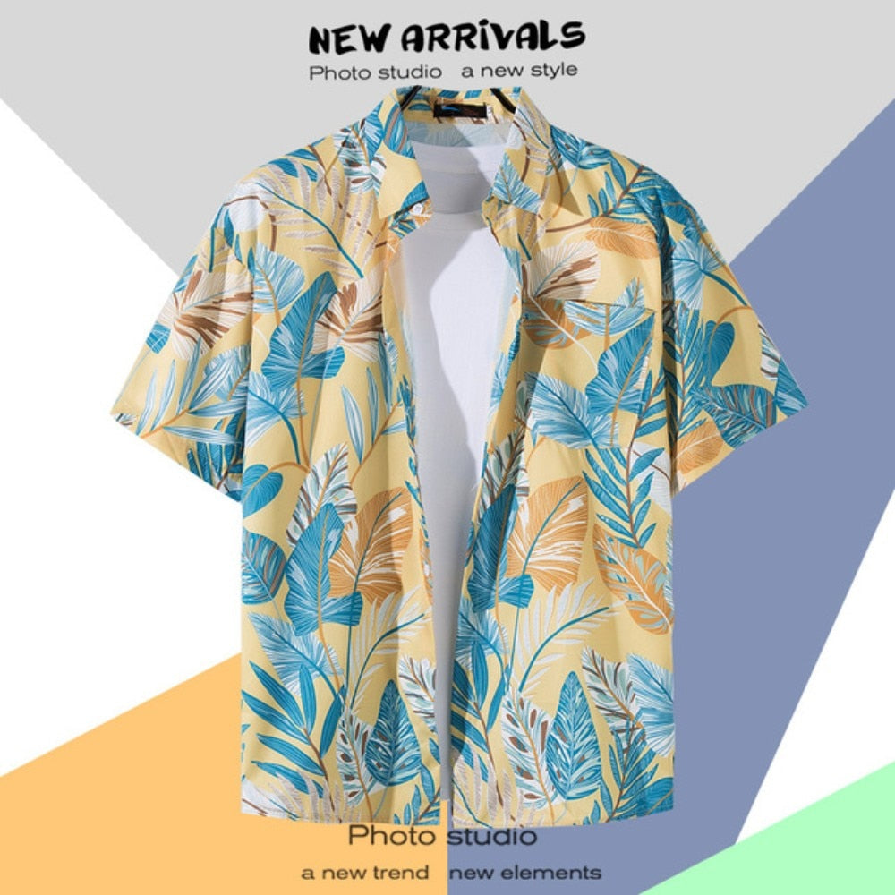 Hawaiian Men's Floral Shirt Summer Geometric Print Short Sleeved