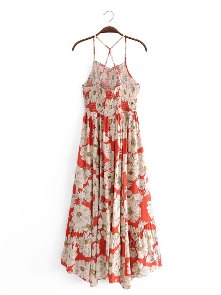 Vintage Chic Floral Print Sleeveless Bohemian Spaghetti Dress