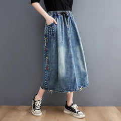 Vintage Ethnic Style Embroidery Denim Skirts Elastic High Waist