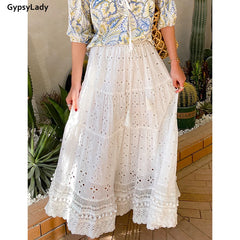 White Pleated Skirt Boho Casual Long Skirts Hollow Out Ruffles