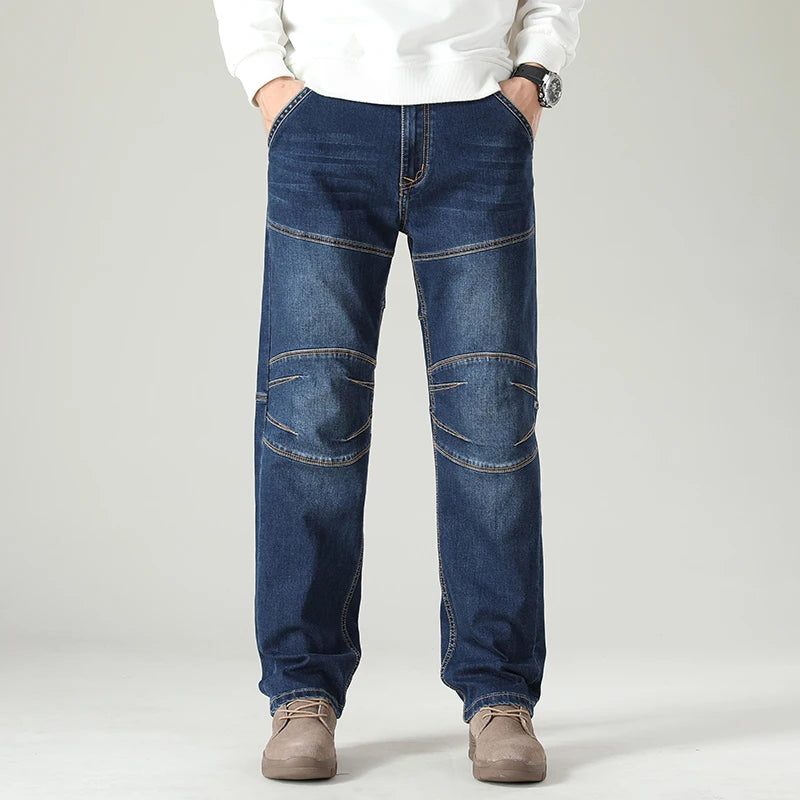 Cotton Stretch Stitching Jeans Classic Casual Men's Straight Loose Denim Pants