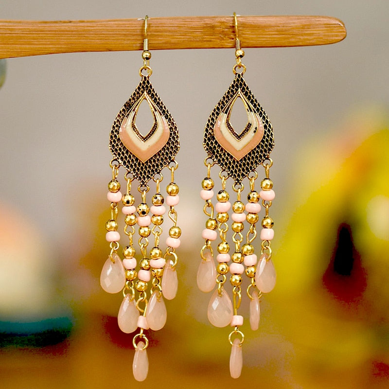 Bohemian Antique Gold Color Long Water Drop Tassel Earrings