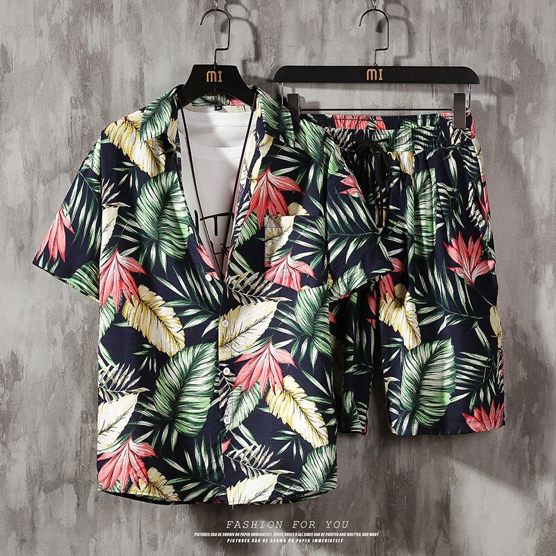 Men's 2 Pieces Set Hawaiian Shirts +Beach Shorts Mens Casual