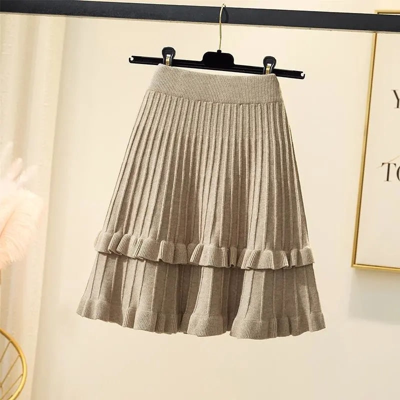 Knitted High Waist Pleated Skirt A-line Skirts Ruffled