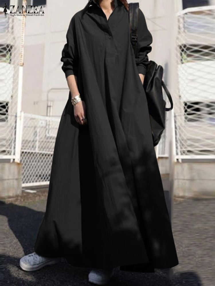 Solid Shirt Dress Long Sleeve Maxi Lapel Button Pockets