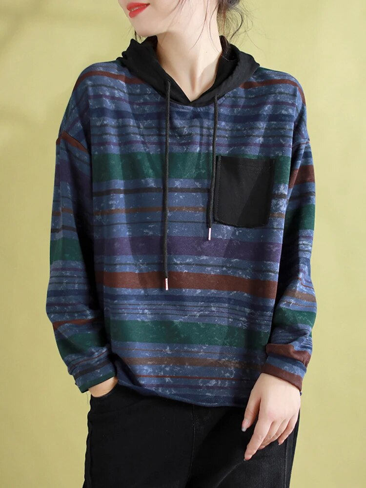 Casual Clothes Fashion Loose Striped Hooded