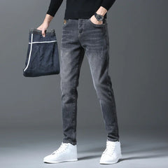 Men's Fleece Jeans Embroidery Fashion Straight Slim Casual