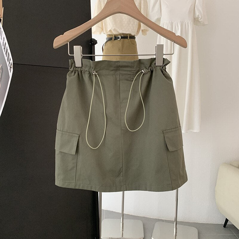 Streetwear Skirt for Women Casual Solid Color Drawstring