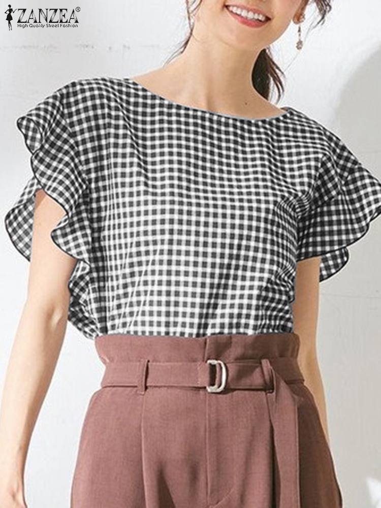 Vintage Grid Shirt Checked Blouse Women O Neck Sleeveless