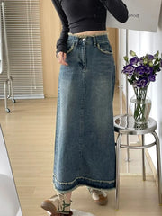 Denim Skirts Women Ripped Vintage Midi Chic