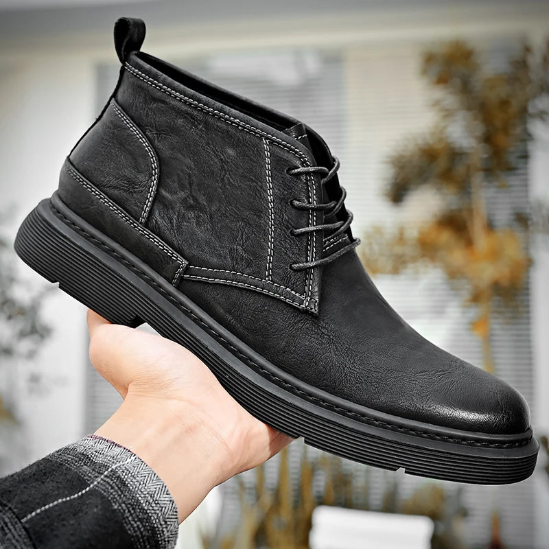 Classic casual leather men boots lace up outdoor walking shoes