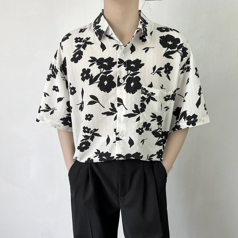 Casual Floral Shirts Men Loose Turn Down Collar Short