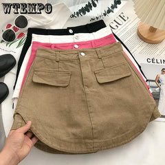 Khaki Denim A-line Irregular High Waist Versatile Skirt