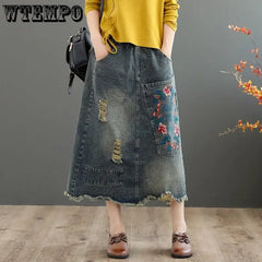 Embroidered Denim Skirt with Ripped Raw Edge A-line Mid-length