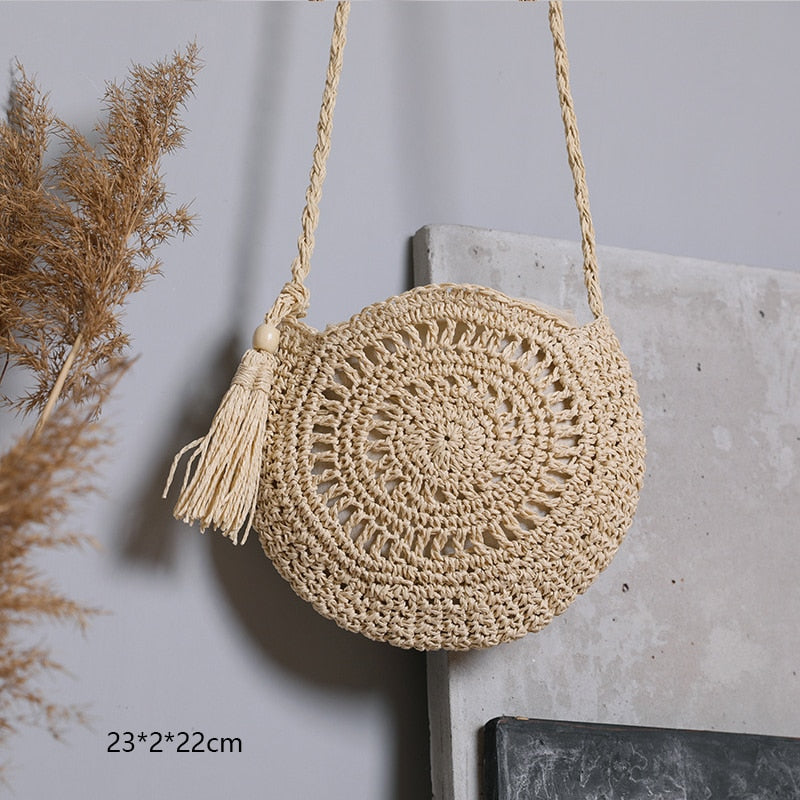 Round Straw Beach Vintage Handmade Woven Shoulder Bag