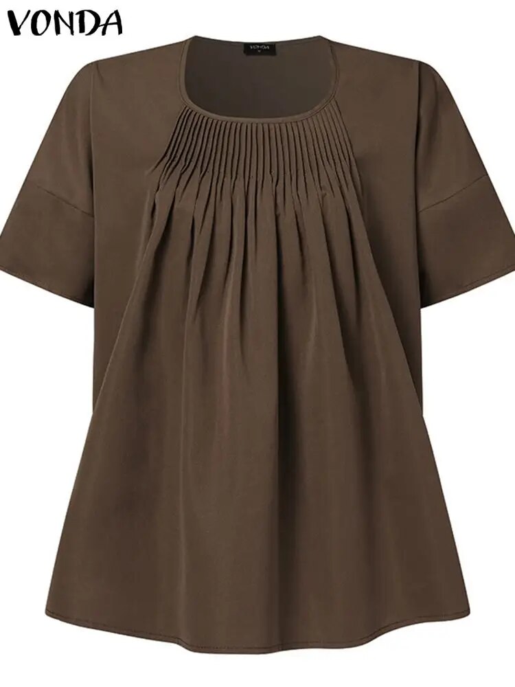 Fashion Blouse Round Neck Short Sleeve Pleated