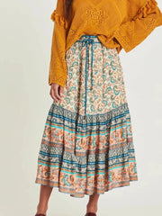 Vintage Chic Hippie Floral Peacock Printed High Waist Skirts