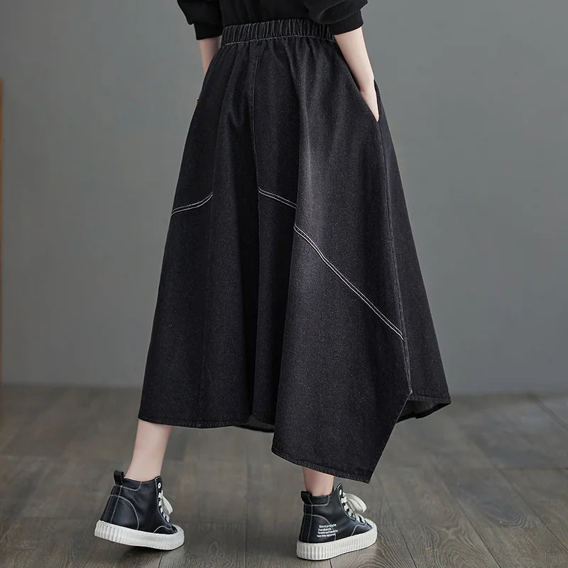 Denim Elastic Waisted Irregular Jeans Skirt Ankle-length A-line Vintage