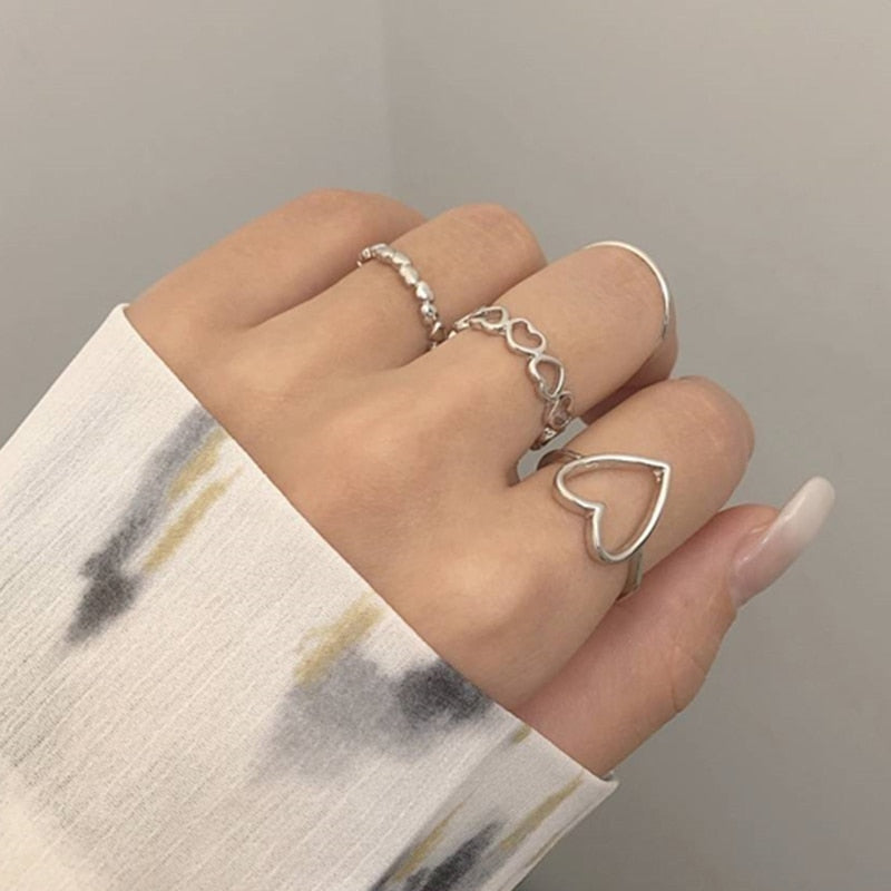 Heart Silver Color Rings Set Crystal Hollow Rings