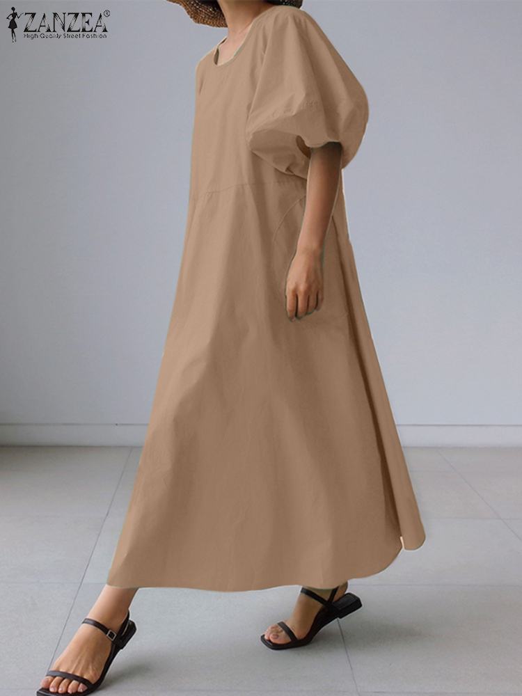 Dress Lantern Sleeve O-Neck Solid Color Loose Ankle Length