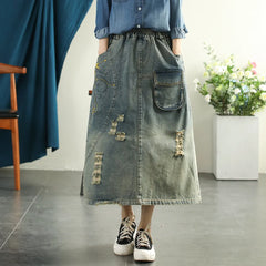 Denim Skirts Style Washed Hole Bleached Embroidery Floral