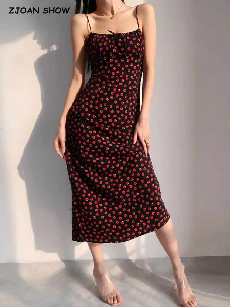 Retro style Summer Rose Flower Print Midi Sling Dress