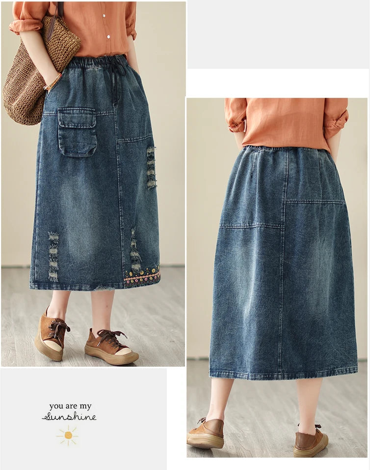 High Waist Denim Long Skirt Women Vintage Style Floral Embroidery