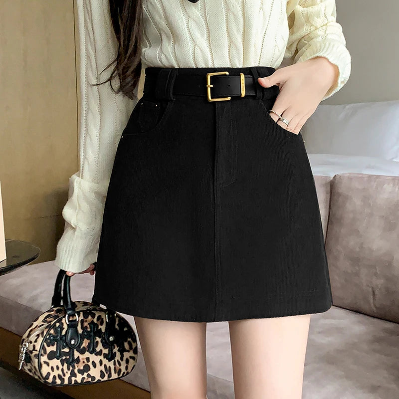 Retro Skirts Solid Color Corduroy High Waist Fashion Office