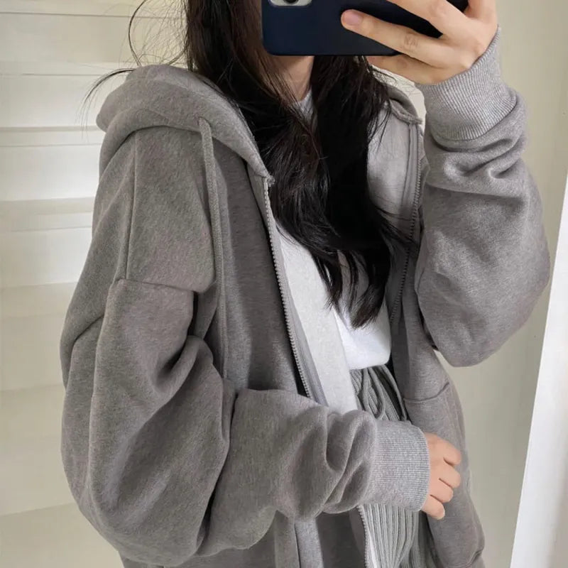 Zip Up Hoodie Retro Long Sleeve Oversized Solid Color