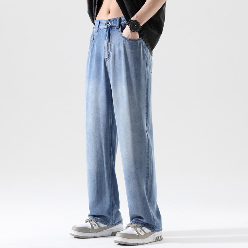 Men's Jeans Thin Loose Straight Pants Brand Elastic Waist