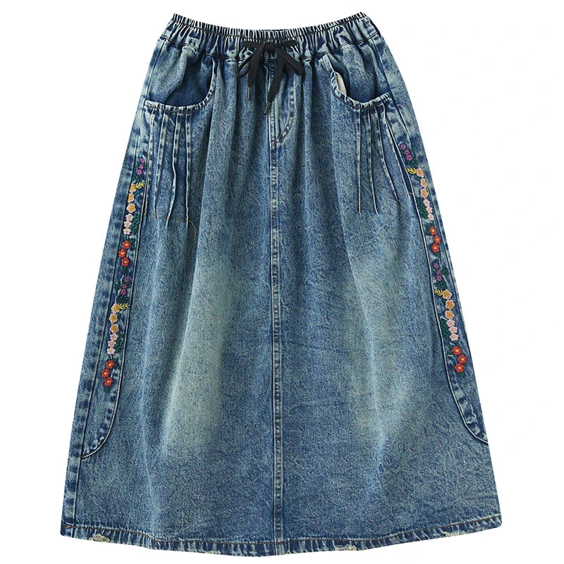 Vintage Ethnic Style Embroidery Denim Skirts Elastic High Waist