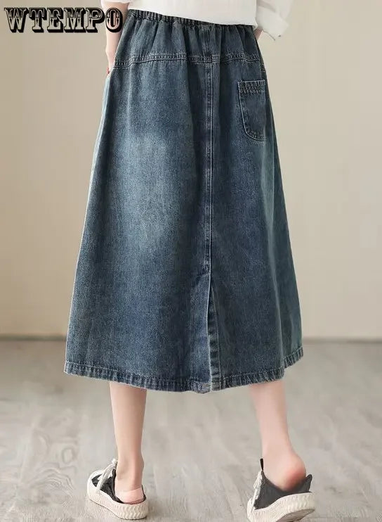 Retro Embroidered Denim Skirt Oversized High Waisted A-line