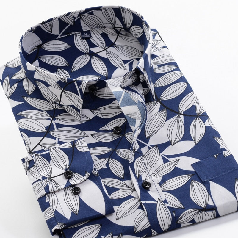 Large Size Flower Print Men's Fashion Casual Long Sleeve Shirt