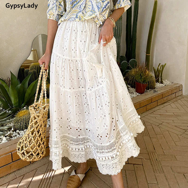 White Pleated Skirt Boho Casual Long Skirts Hollow Out Ruffles