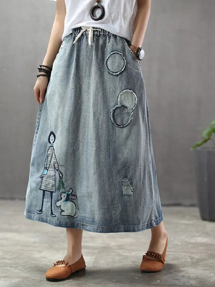 Fashion Streetwear Classic Embroidery Loose Denim Skirts