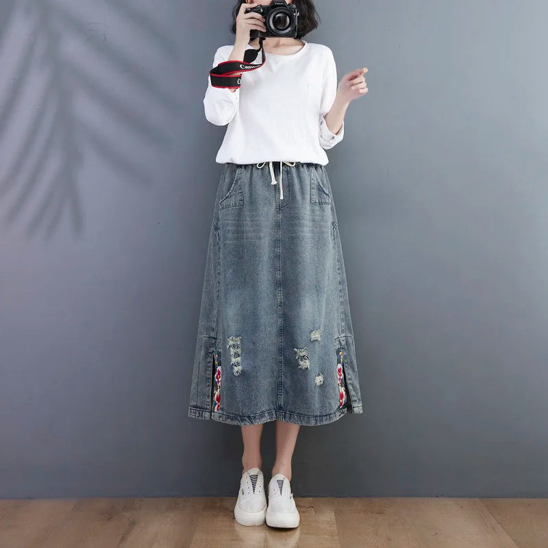 Vintage Denim Light Blue Retro Embroidery Floral Midi Skirts