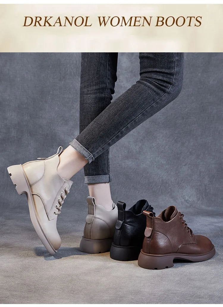 Warm Ankle Boots For Casual Cow Leather Thick Heel Short Boots