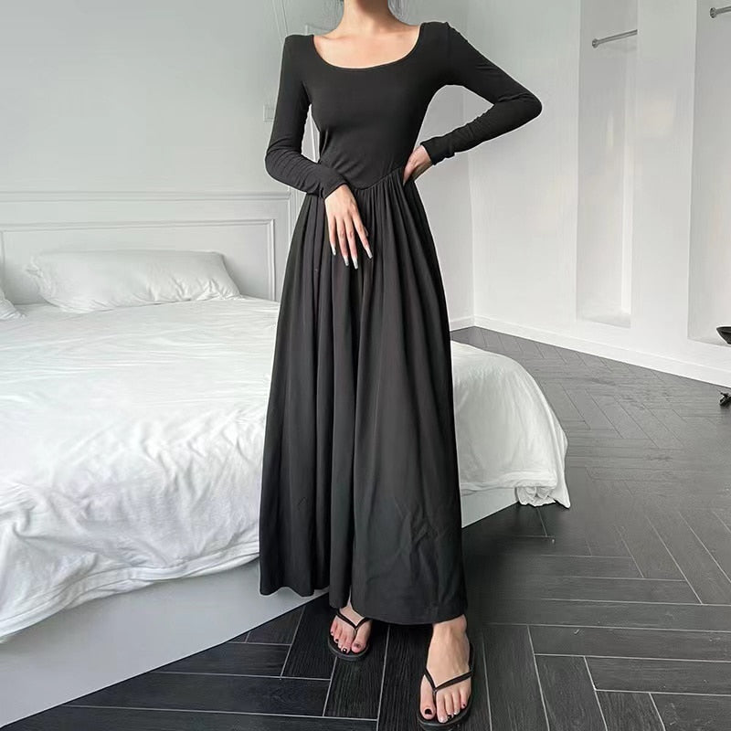 Style Fashion A Line Elastic Slim Long Sleeve Midi Dress