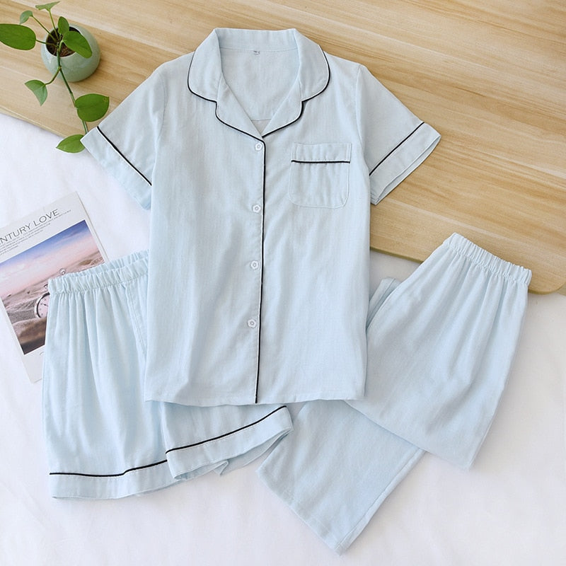 women's pajamas three-piece set short sleeves  shorts  trousers