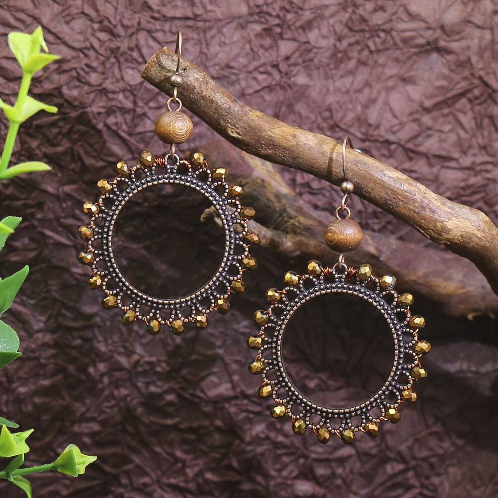 Bohemian Ethnic Brown Tassel Natural Wooden Hanging Earrings