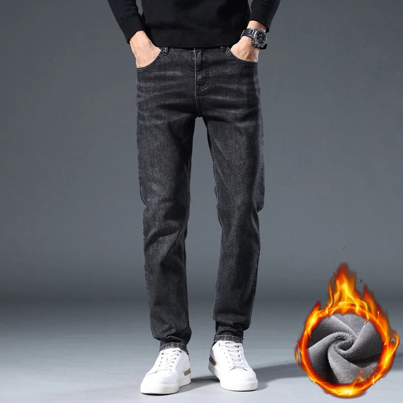 Men's Fleece Slim Straight Jeans Retro Washed Elastic Denim Pants