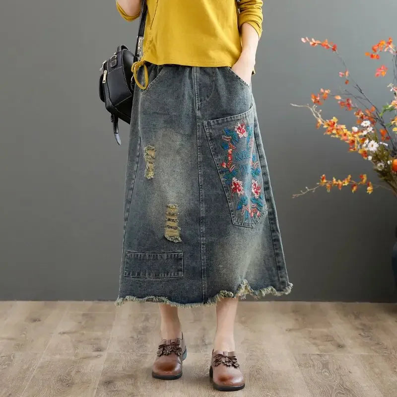 Embroidered Denim Skirt with Ripped Raw Edge A-line Mid-length