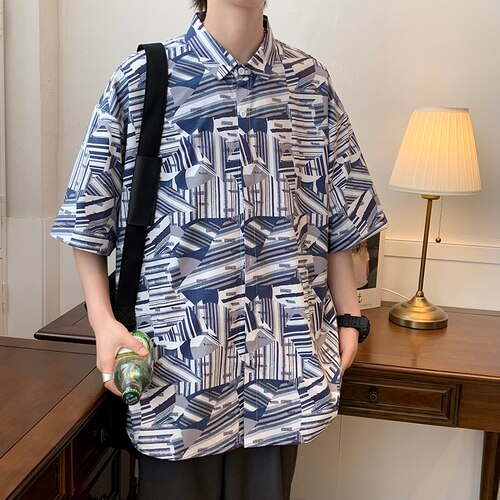 Casual Short Sleeve Loose Printed Turn Down Collar Shirts